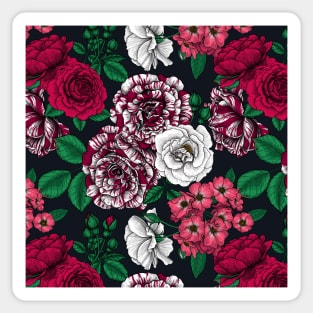 Red, white and bi-color roses with green leaves on black Sticker